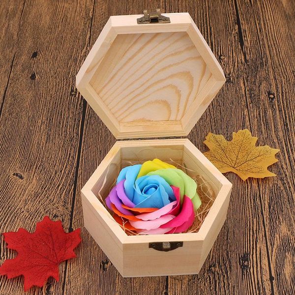 

2021 valentine's day gift soap flower gift box birthday creative gift hexagon wooden box wholesale