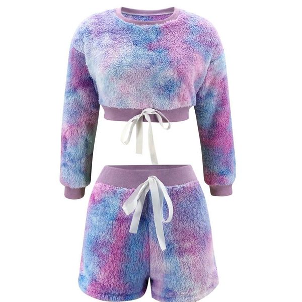 

autumn winter plush women two sets tie dye print casual pullover crop short pants set outfits pajamas tracksuit clothes set, Gray