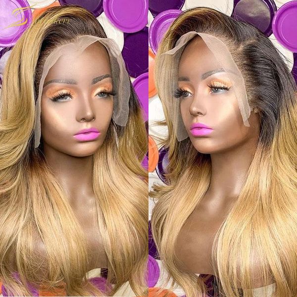 

ombre 13x4 lace front human hair wig preplucked 1b 27 colored wavy natural real brazilian 4x4 closure wigs for black women full, Black;brown