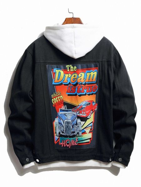 

men car & slogan graphic denim jacket without hoodie h4vy#, Blue