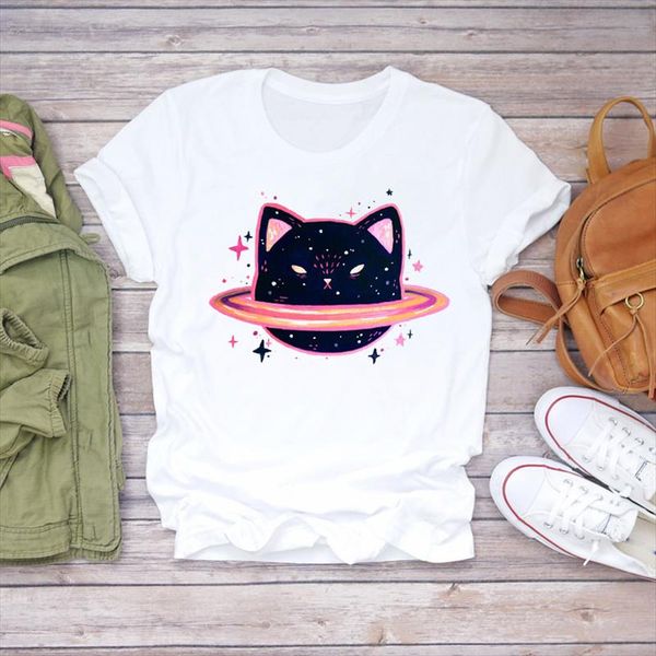 

women t shirts cat space watercolor clothing printing short sleeve 90s print lady womens graphic t shirt female tee shirt, White