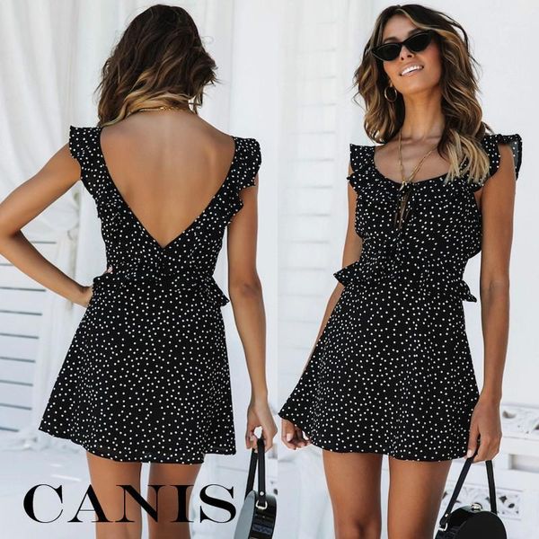

fashion lovely women sleeveless wrap boho polka dot loose causal butterfly sleeve mini dress summer sundress holiday1, Black;gray