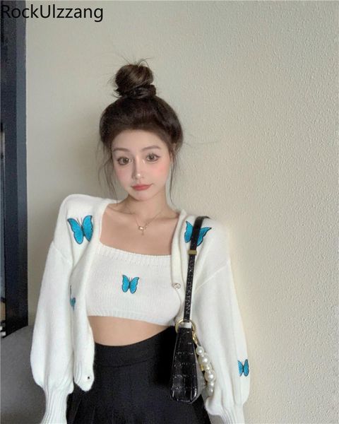 

two piece matching set embroidery butterfly button knit sweater coat and strap camis crop outfit fall slim bandage suit, Gray