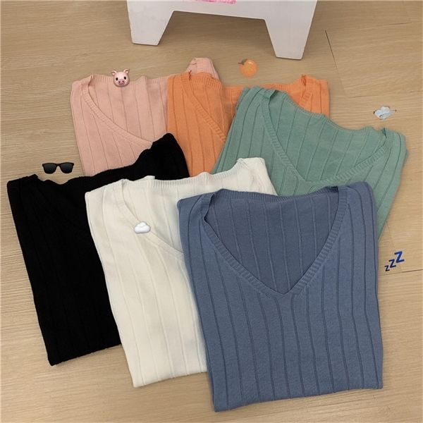 

6 colors 2020 summer korean style soild color v neck slim knitted t shirts womens tee shirt femme (l9031) c1015, White
