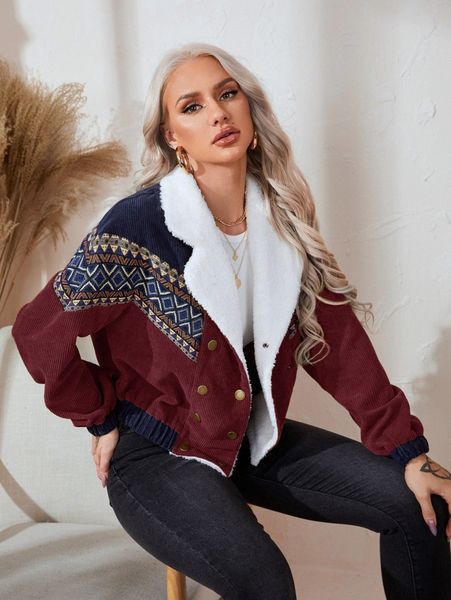 

contrast faux shearling geo panel cord jacket k8hp#, Black;brown