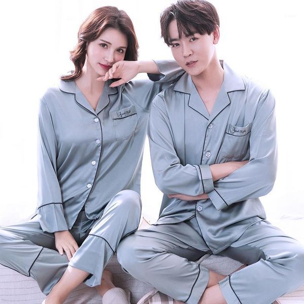 

women's sleepwear couple pajamas women spring and autumn ice silk summer thin section long sleeve winter men's home two-piece suit, Black;red