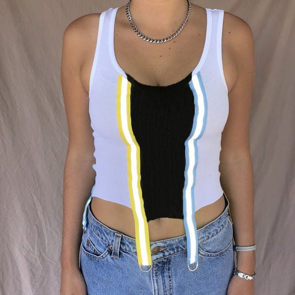 

2021 color contrast open navel trend i-shaped short reflective strip vest women's xf5153