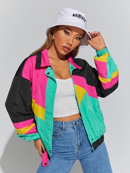 

color block drop shoulder zipper jacket c7re#, Black;brown