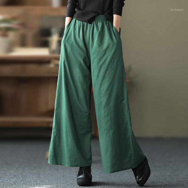 

johnature women thick wide leg pants elastic waist solid color 2021 winter new warm women trouser pockets casual long pants1, Black;white