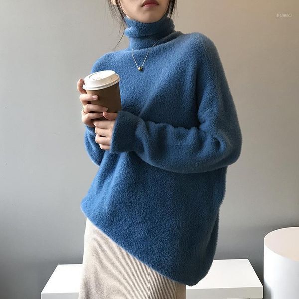 

women's sweaters 2021 autumn winter women sweater lazy style soild color fashion long sleeve pollovers kintted high neck loose female 1, White;black
