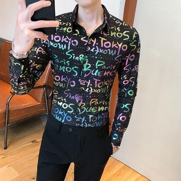 

fashion colorful letter printing shirt men slim fit mens long sleeve tuxedo shirts nightclub streetwear christmas shirt man v341, White;black