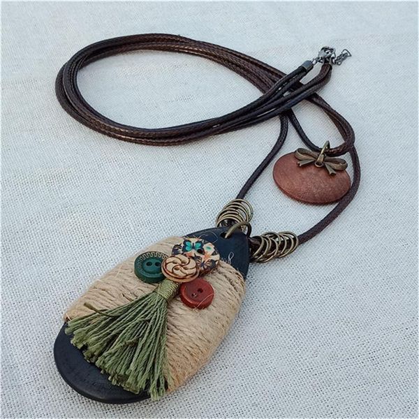 

chains 2021 vintage long necklace fashion handmade jewelry worn wooden buttons rope leather tassel charm pendant, Silver