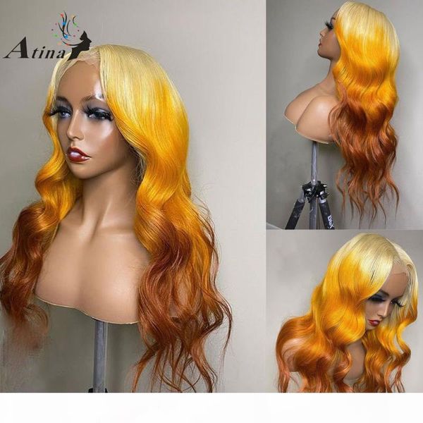 

yellow colored human hair wig pre plucked brazilian remy ombre ginger wavy hd transparent invisible lace front wig atina, Black;brown
