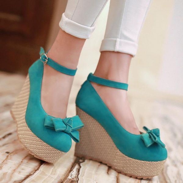 

dress shoes classic wedges high heels platform sweet bow knot ankle strap dating elegant office lady woman pumps, Black