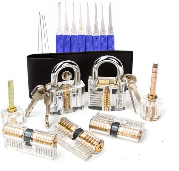 

7pcs transparent locks with 17pcs lockpick set,10pcs broken key extractor pick tool combination,locksmith supply kit