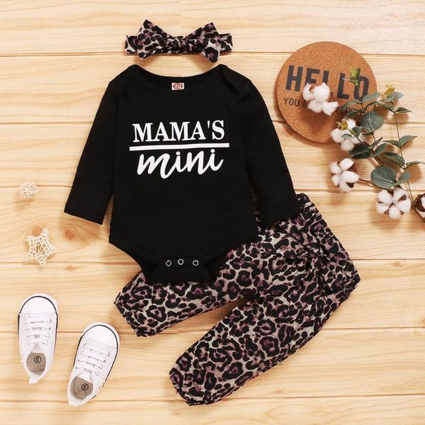 

clothing sets 2021 infant baby girls romper jumpsuit letter leopard print bodysuit+leopard pants+headband outfits long sleeve autumn set1, White