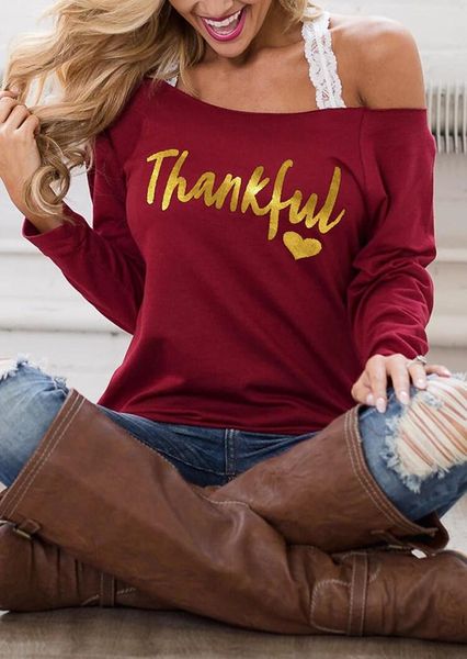 

thankful heart off shoulder without strap thanksgiving tee long sleeve t shirts for women 2020 fall new tee ladies, White