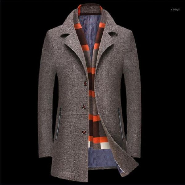 

men coat wool overcoat men woolen blends with scarf breathable outwear thick wool woolen coat lapel shawl collar1, Black