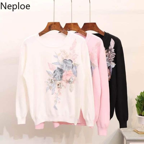 

neploe autumn new heavy work embroidery sequin pullover sweater o neck solid three-dimensional flower pull femme hiver 45961, White;black
