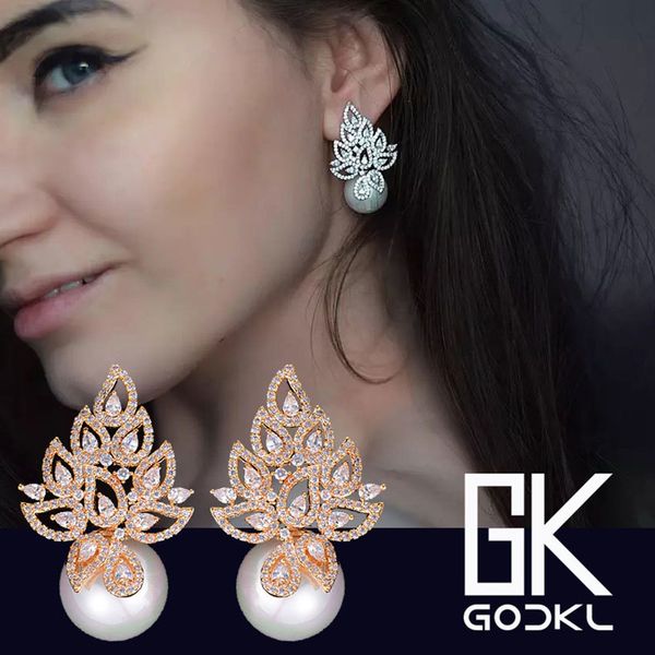 

godki imitation pearl leaf collection full micro cubic zirconia pave women bridal engagement earring jewelry addiction 210202, Golden;silver