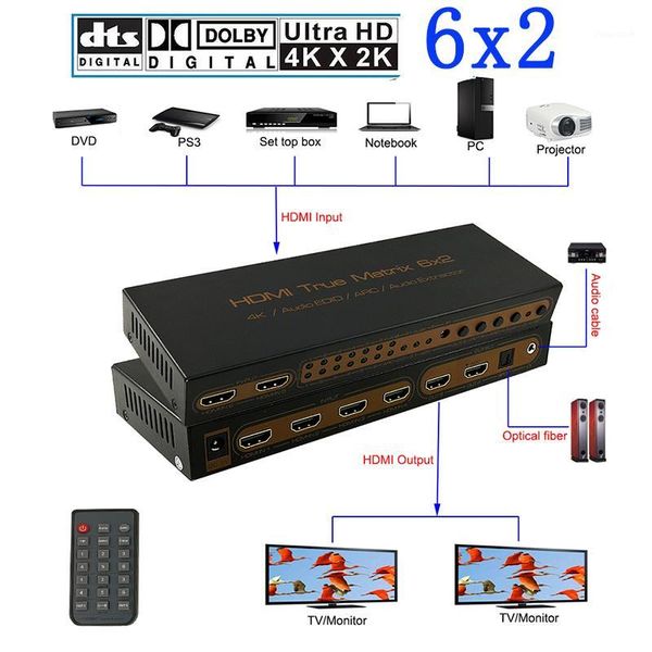 

audio cables & connectors 6x2 matrix pip 1.4v 4k*2k 3d edid/arc/audio extractor 5.1ch switch splitter 6 input 2 output converter for hdtv 06