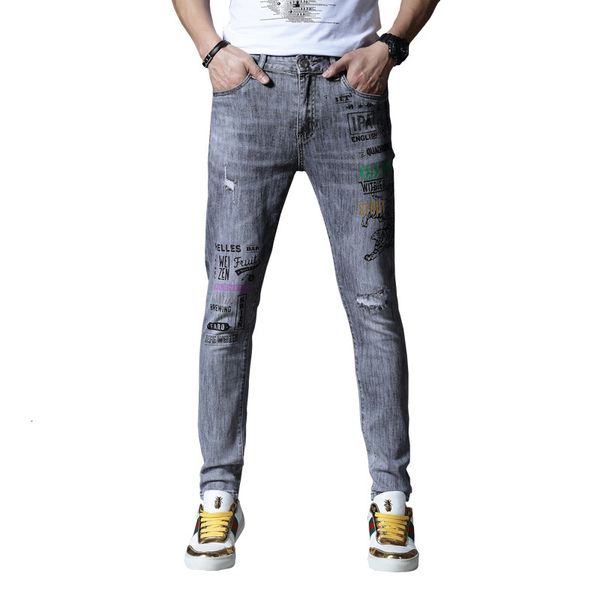 

2021 men's new ripped jeans for men stretching skinny hip pants summer light gray spring fs37, Blue