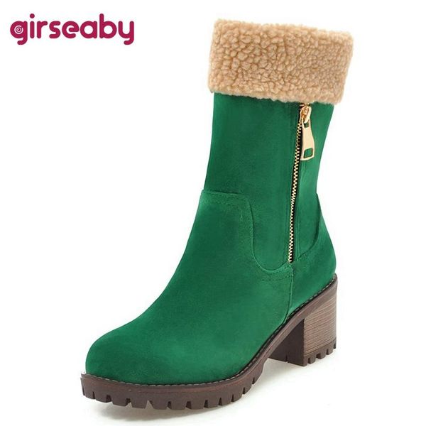 

girseaby snow boots woman winter boots keep warm flock round toe botte femme thick heel splicing fur zip casual b673, Black