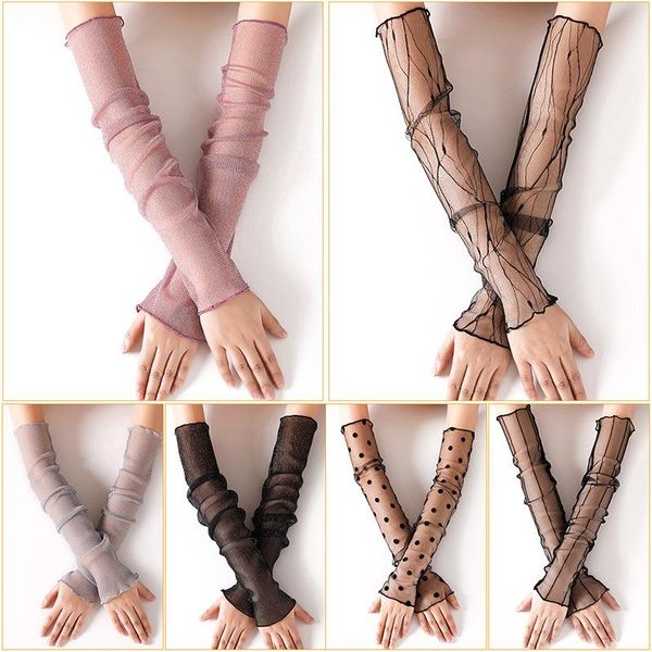 

five fingers gloves silk mesh sleeve long half-finger ultra-thin breathable female sunscreen fake sleeves scar tattoo riding arm cover, Blue;gray