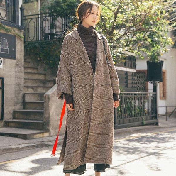 

fashion women wool blends turn down collar side slit long coats elegant ladies loose plaid wool coat winter jackets female thick1, Black
