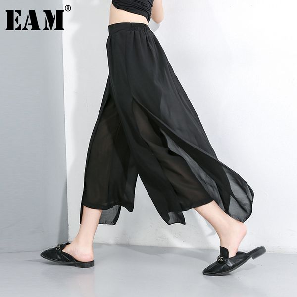 

eam] 2020 new spring autumn high elastic waist loose black chiffon split joint wide leg pants women trousers fashion tide jx490 1020, Black;white