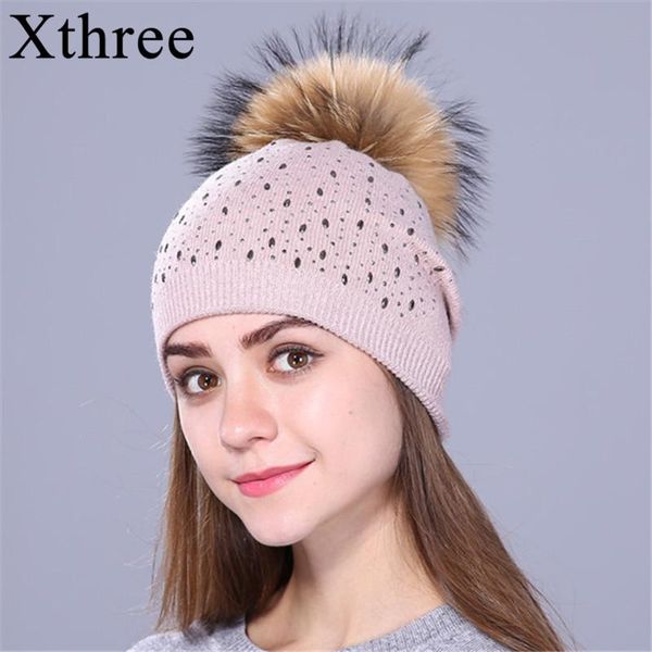 

beanie/skull caps xthree knitted beanies winter hat for women and girls real raccoon fur pom wool skullies female cap, Blue;gray