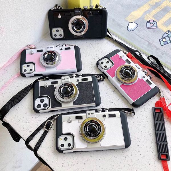 

retro camera phone case back cover for iphone 12 11 pro max xs xr xs max 7 8plus soft tpu case with lanyard