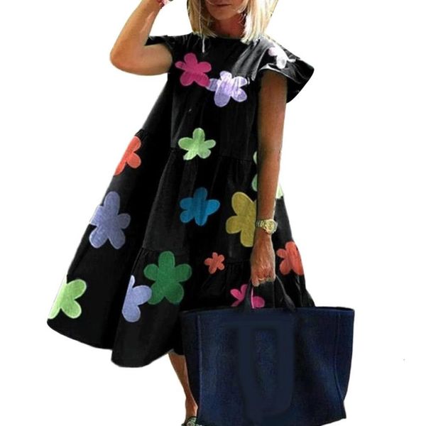 

women casual summer o neck short sleeve floral print large hem a line, Black;gray