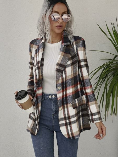 

plaid pattern lapel neck overcoat q3qz#, Black