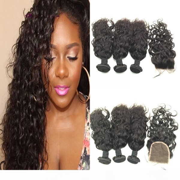 

unprocessed brazilian virgin hair with closure 4pcs lot hair bundles with lace closures brazilian water wave with closure, Black