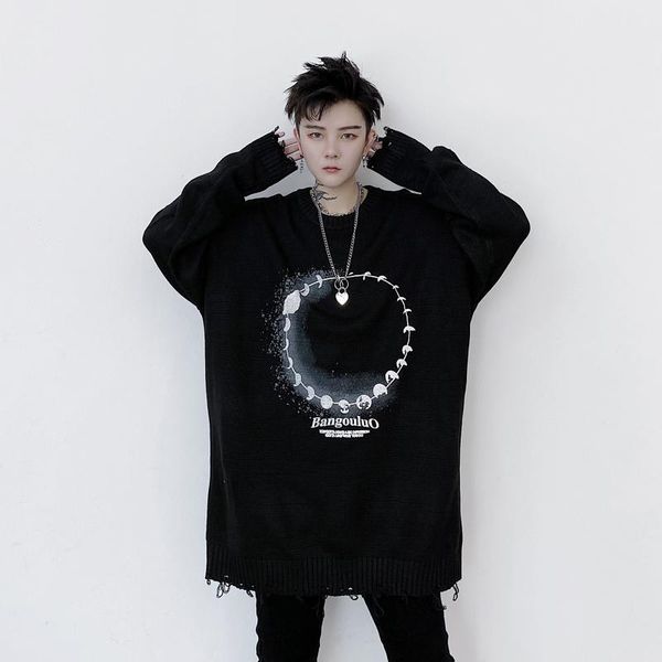 

korea men's ripped jumper sweaters fashion casual pullover cartoon bearsweater male knittwear streetwear couples outwear, White;black