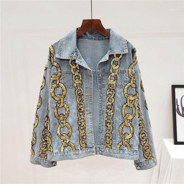 

2020 spring autumn korea style denim jacket women long sleeve single breasted sequins chain turn down collar denim jacket coat1, Black;brown