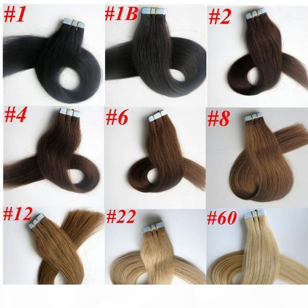 

50g 20pcs 1set glue skin weft tape in hair extensions 18 20 22 24inch brazilian indian straight human hair extensions, Black