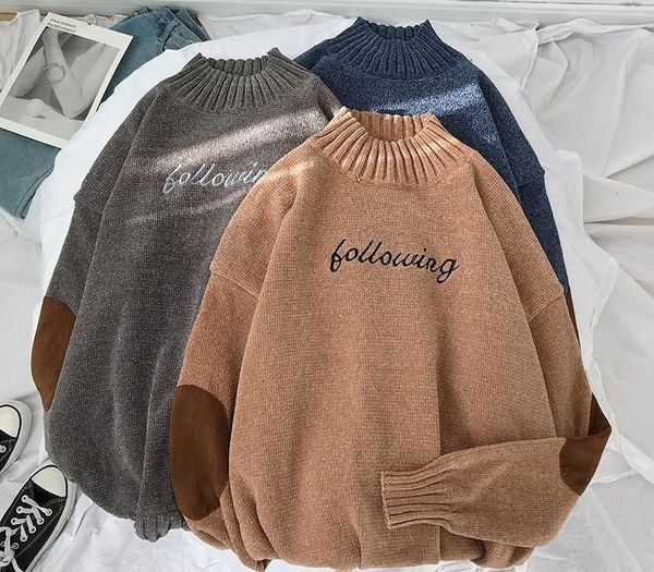 

embroidery black turtleneck sweater men streetwear knitted men's winter sweater men 2019 pullover turtleneck long, White;black