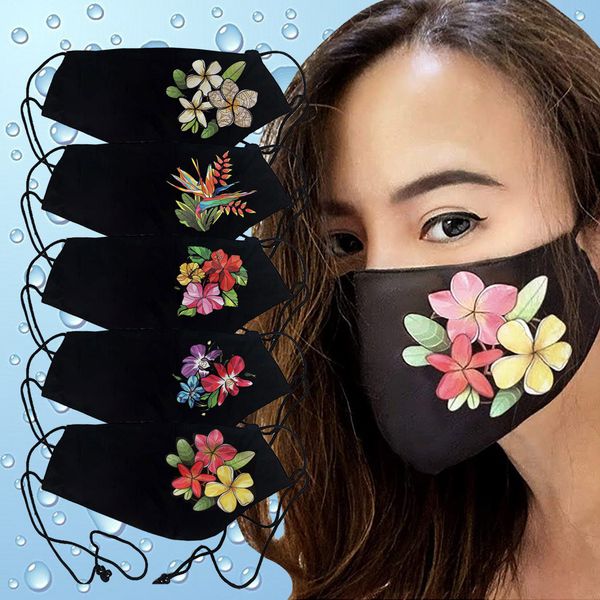 

fashion hawaiian tropical flower pattern series printing simple design reusable face extend earloop protective mask black