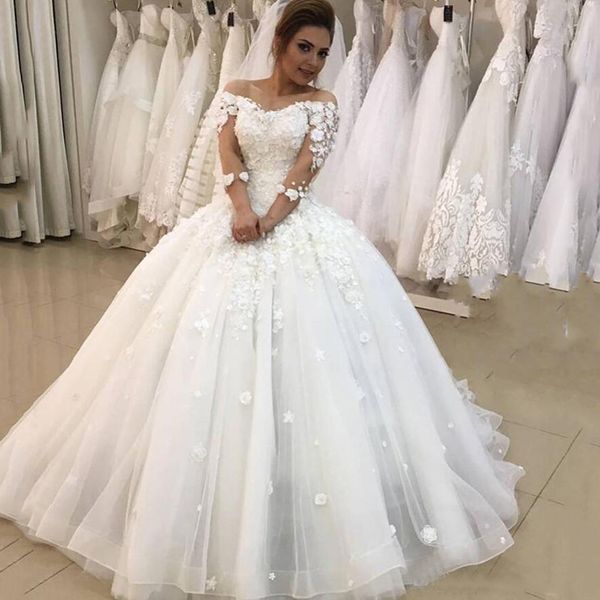 

arabic off shoulder long sleeves lace ball gown wedding dresses with 3d floral appliques sweep train lace up back tulle bridal gowns, White