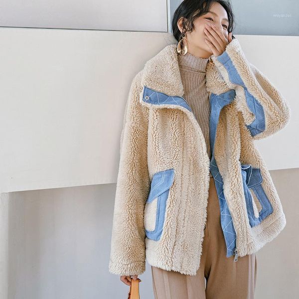 

winter women faux lambswool fur overcoats luxury short casual thick warm plus size female 2020 beige, Black