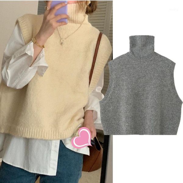 

2020 spring autumn vintage sleeveless high collar knitted vest sweater women solid color soft pullovers ladies casual tank, Black;white