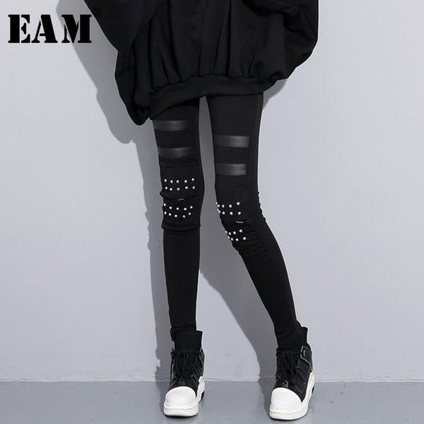 

eam] 2020 new spring autumn high elastic waist black rive tloose pu leather stitch pants women trousers fashion tide jk897 1017, Black;white