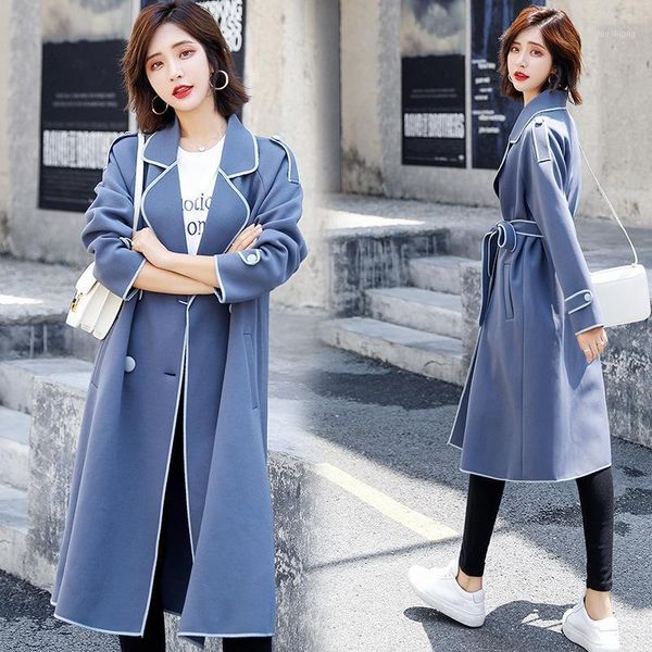 

female trench outerwear plus size autumn winter trench coat for women adjustable blue slim solid apricot coat white long1, Tan;black