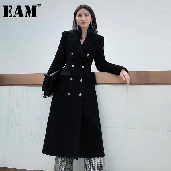 

eam] loose fit black double breasted elegant long woolen coat parkas new long sleeve women fashion autumn winter 2020 1dd09811