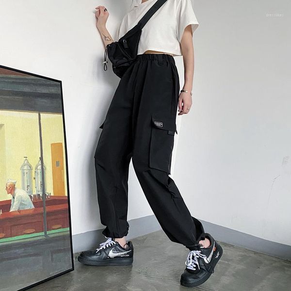 

women's pants & capris 2021 big pockets cargo women high waist loose streetwear baggy tactical trouser hip hop joggers1, Black;white