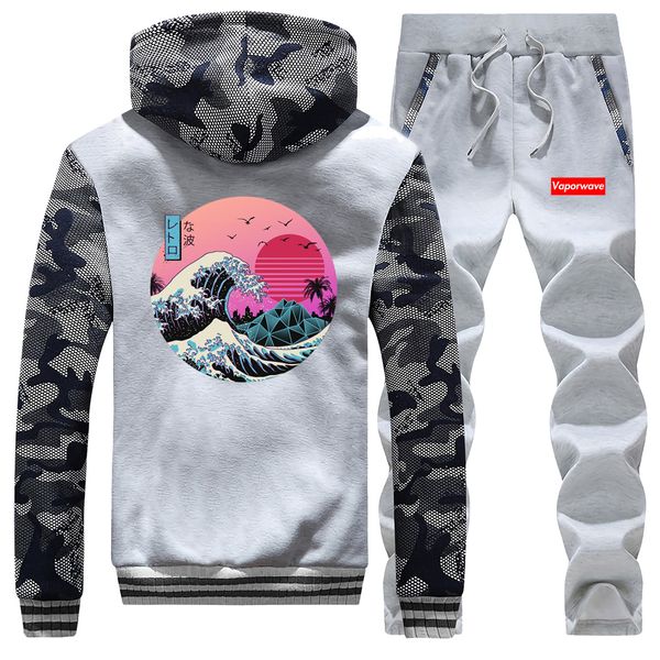 

японский стиль мода мужской набор vintage vaporwave мужчины camo толстовки 2019 winter толстая куртка harajuku мужские наборы флис gym костю, Gray