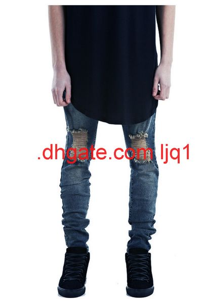 

men's knee pierced high street jeans kanye west slim elastic leggings jeans, Blue
