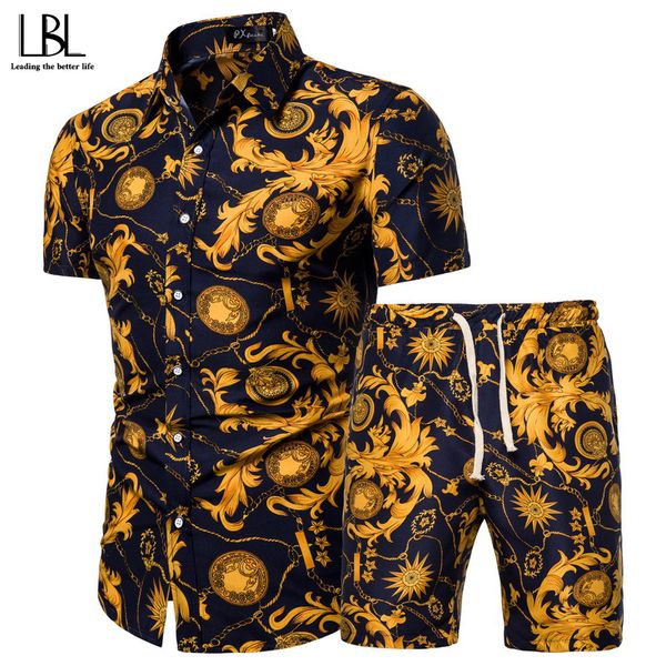 Padrão Tracksuit Men Summer Beachwear Homens Jogo Mens Notched T Shirts + Shorts Dois Parte Sets Floral Beach Swaet Suit 5xl 201123